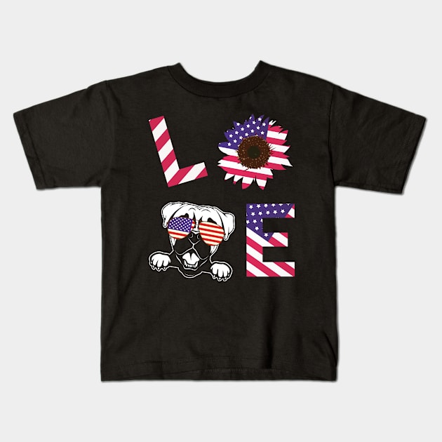 Cool US Flag Sunflowers Glasses Dog Face LOVE Boxer Dog Americans Independence USA July 4th Day Kids T-Shirt by Cowan79